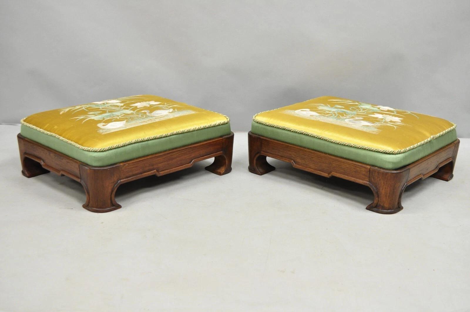 Vintage Chinoiserie Chinese Ming Style Low Footstool Ottoman w/ Silk - Pair For Sale 6
