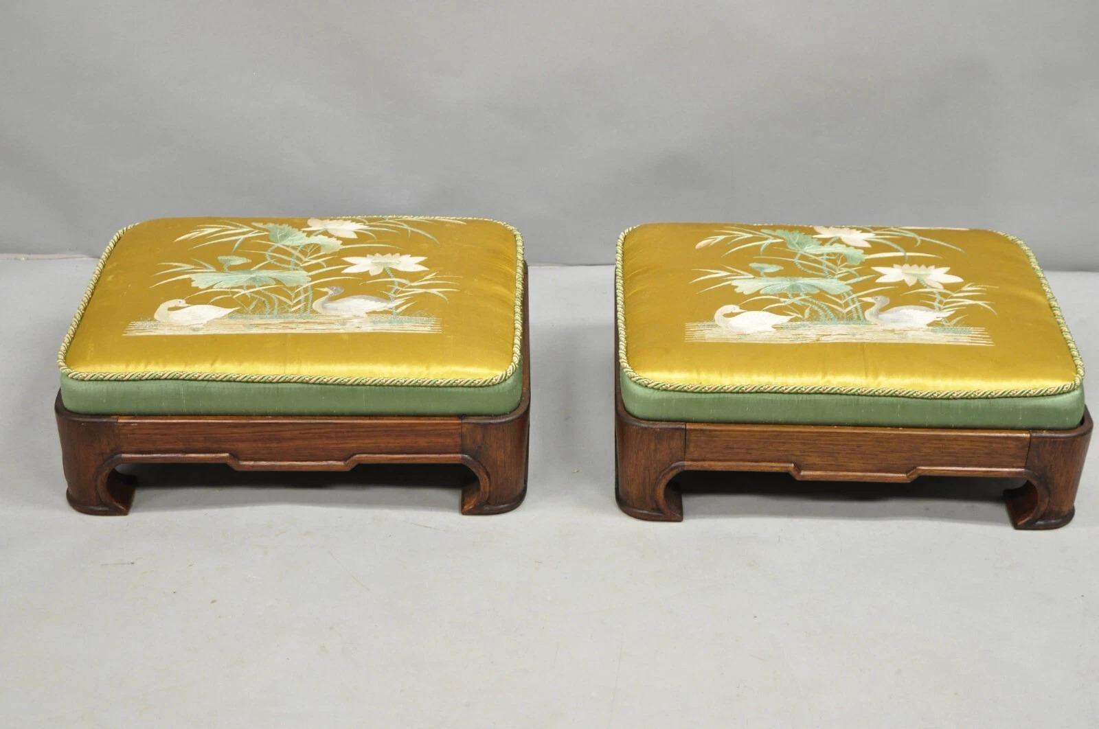 Vintage Chinoiserie Chinese Ming Style Low Footstool Ottomans with Yellow and Green Silk Embroidered 