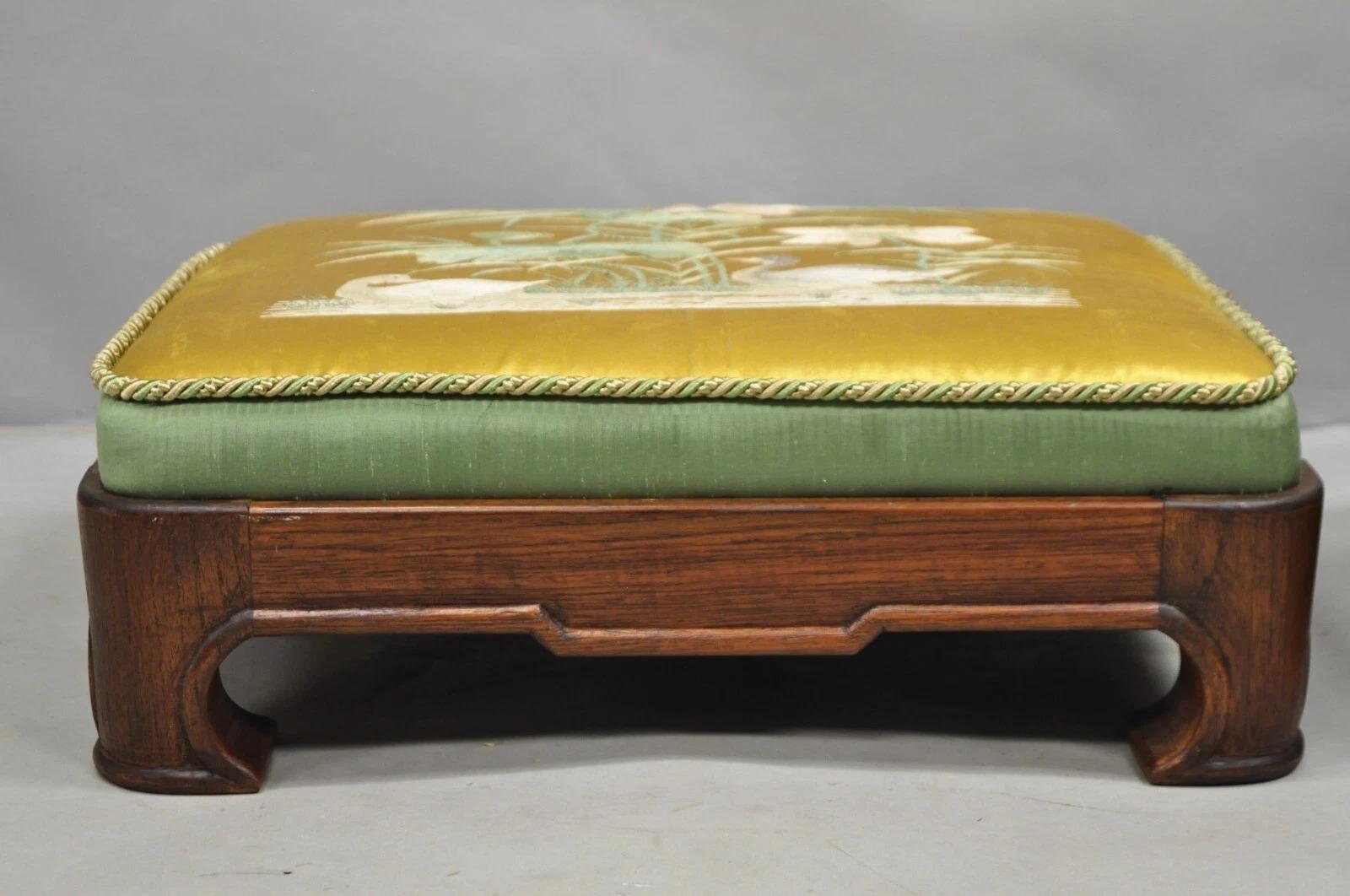 Unknown Vintage Chinoiserie Chinese Ming Style Low Footstool Ottoman w/ Silk - Pair For Sale