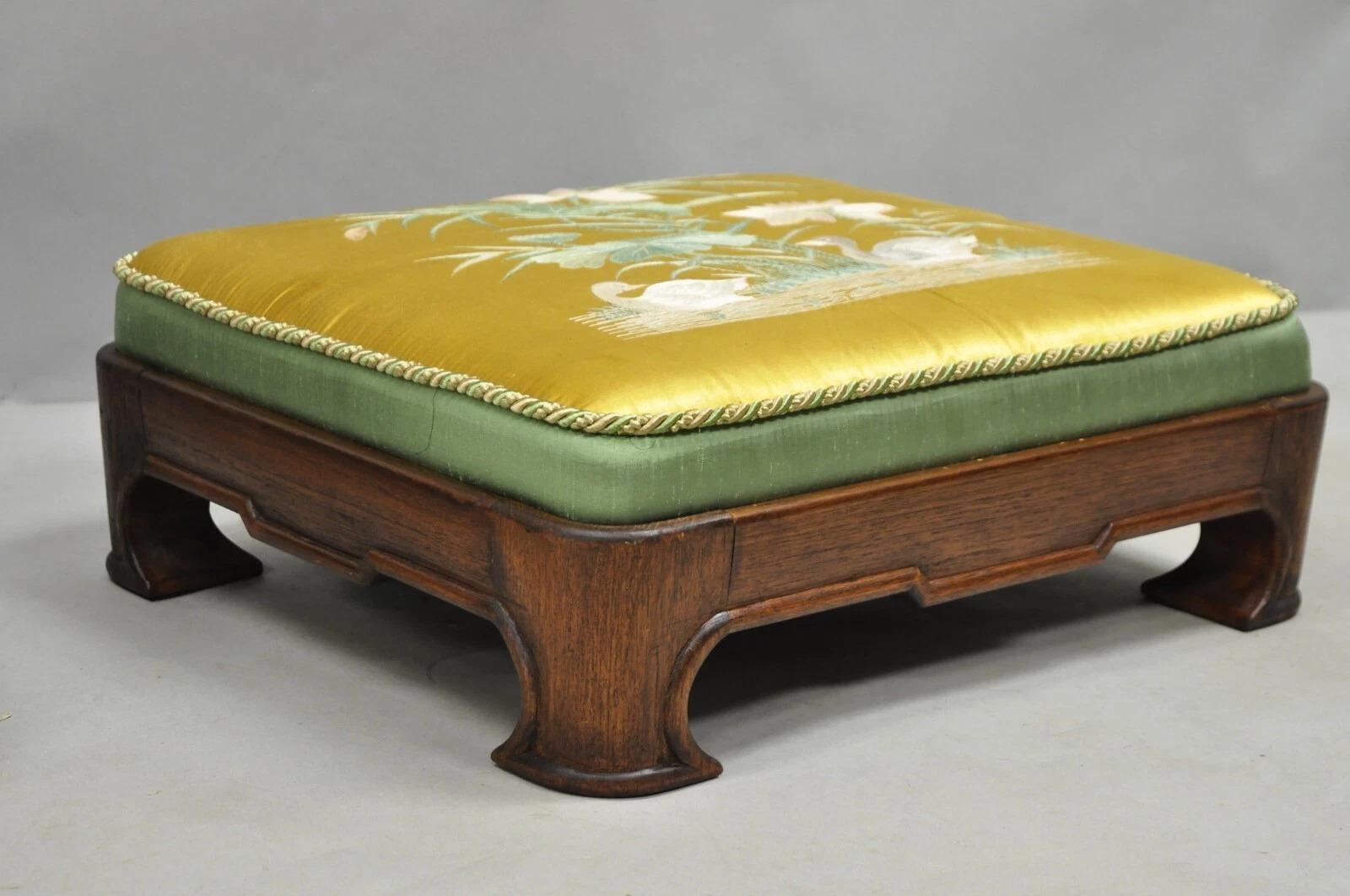 20th Century Vintage Chinoiserie Chinese Ming Style Low Footstool Ottoman w/ Silk - Pair For Sale