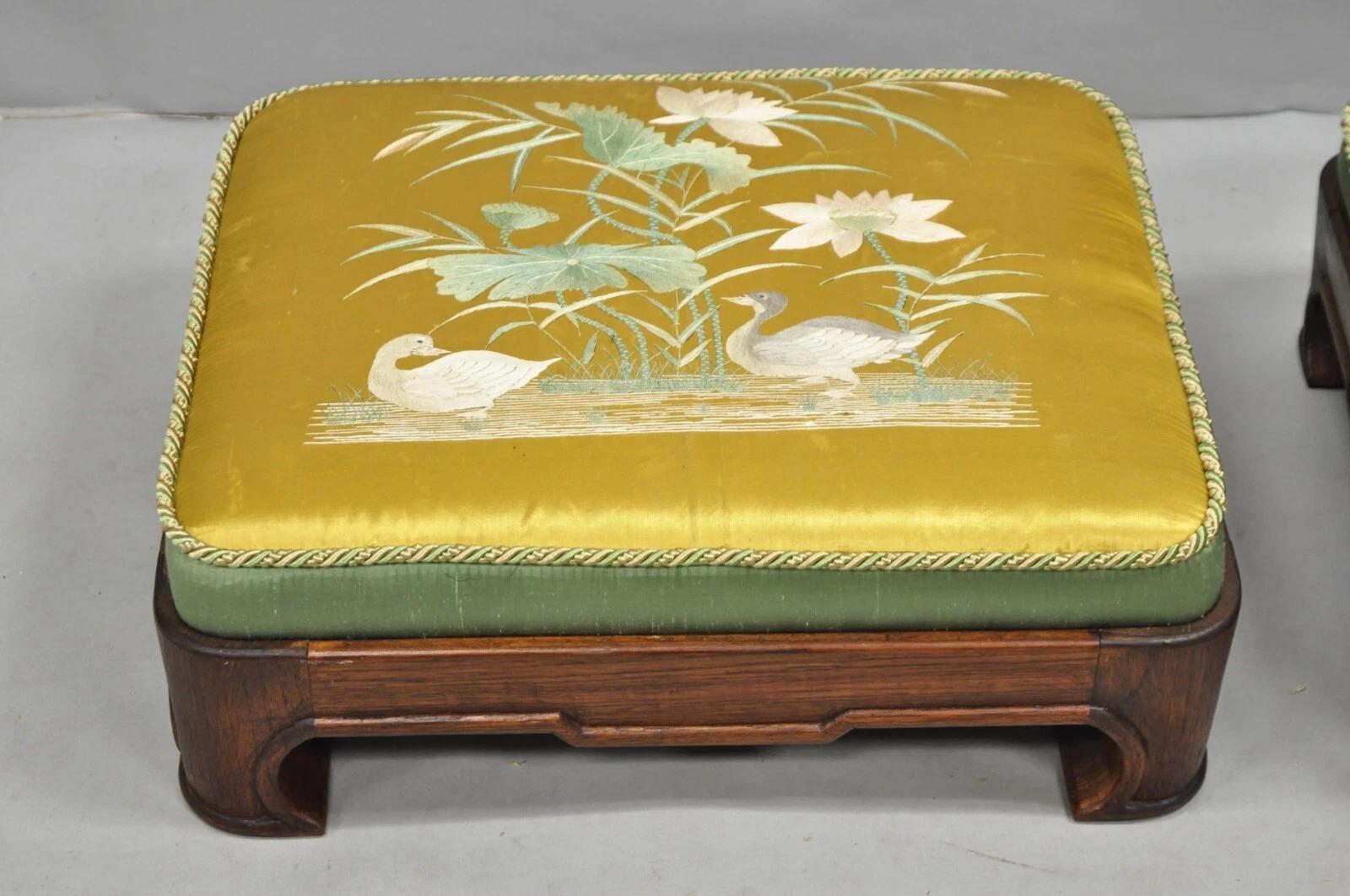 Wood Vintage Chinoiserie Chinese Ming Style Low Footstool Ottoman w/ Silk - Pair For Sale