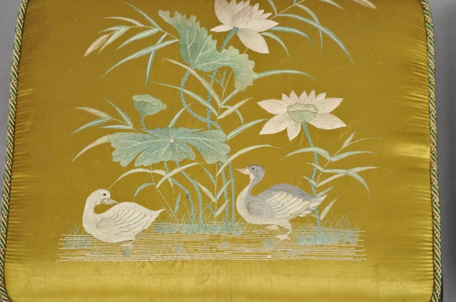 Vintage Chinoiserie Chinese Ming Style Low Footstool Ottoman w/ Silk - Pair For Sale 1