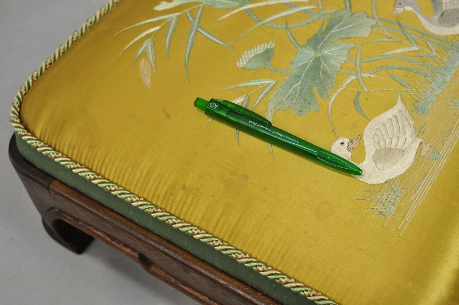 Vintage Chinoiserie Chinese Ming Style Low Footstool Ottoman w/ Silk - Pair For Sale 3