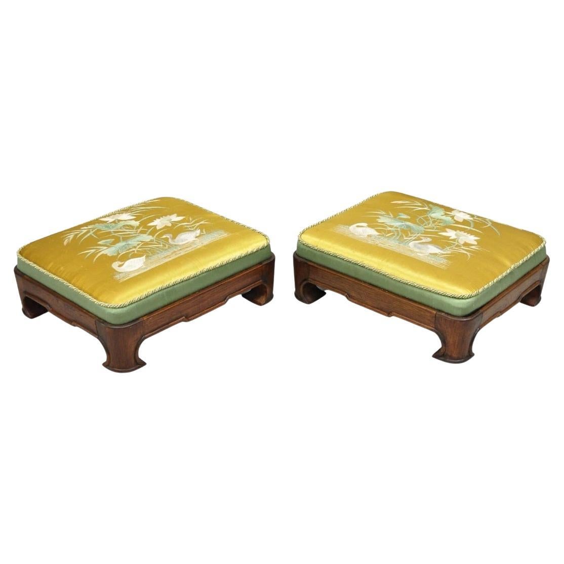 Vintage Chinoiserie Chinese Ming Style Low Footstool Ottoman w/ Silk - Pair For Sale