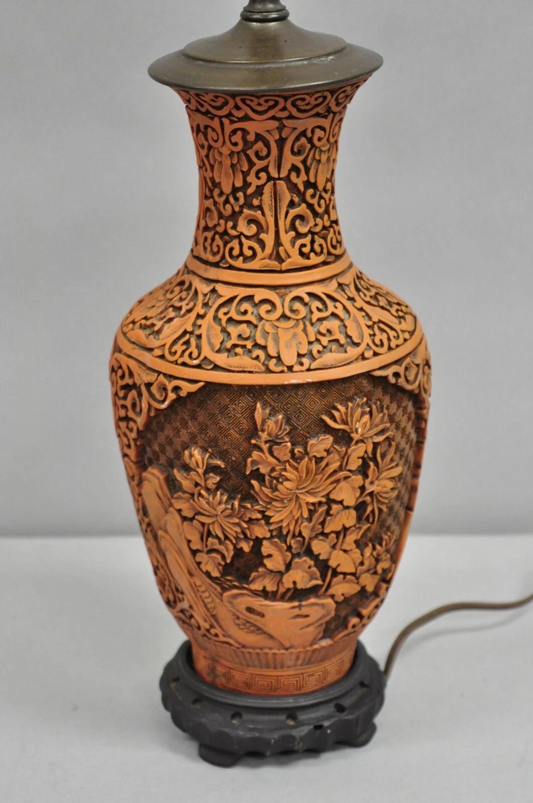 Ceramica Lampada da tavolo Chinoiserie cinese arancione intagliata in cinabro in vendita
