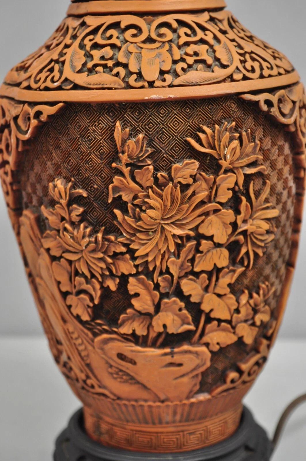 Lampada da tavolo Chinoiserie cinese arancione intagliata in cinabro in vendita 1