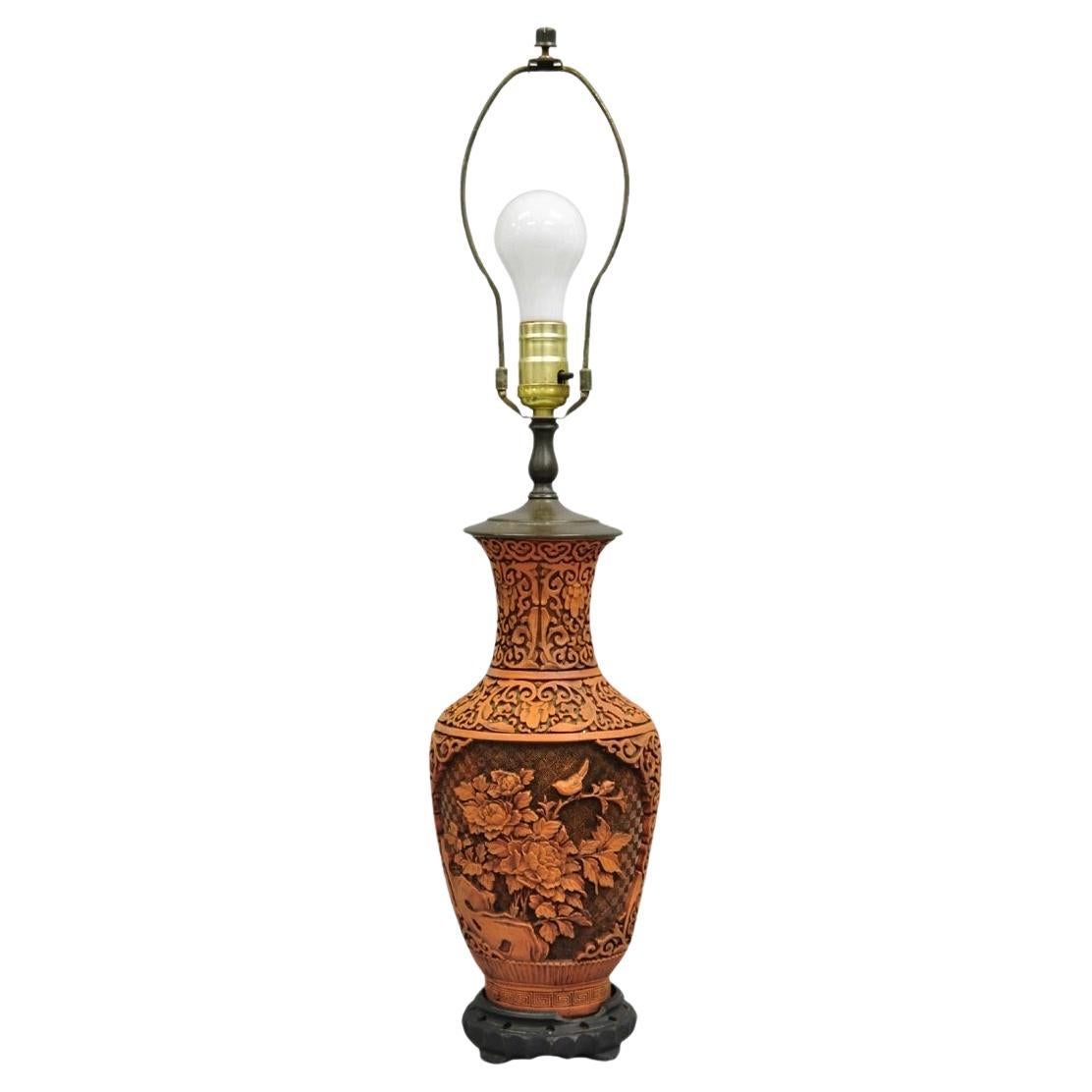 Vintage Chinoiserie Chino Naranja Tallado Cinabrio Jarrón Jardinera Lámpara de mesa