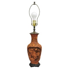Lampe de table vintage chinoiseries orange sculptée Cinnabar Vase Jardiniere