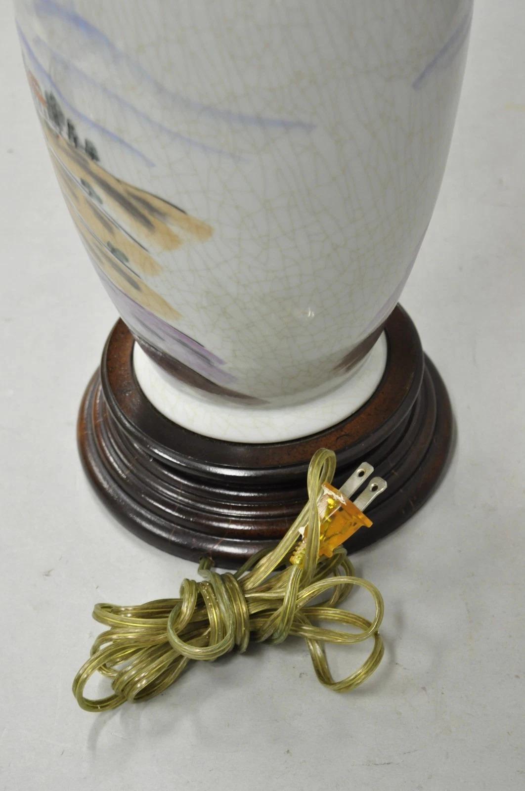 Vintage Chinoiserie Chinese Porcelain Jardiniere Table Lamp w Painted Crane Bird For Sale 5