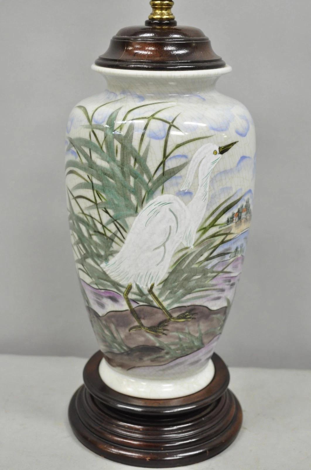 Unknown Vintage Chinoiserie Chinese Porcelain Jardiniere Table Lamp w Painted Crane Bird For Sale