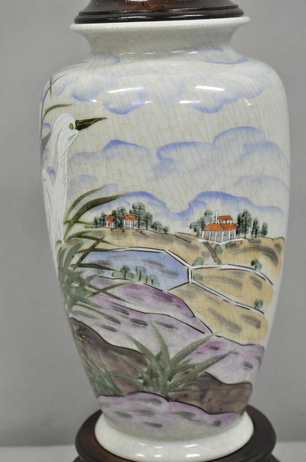 20th Century Vintage Chinoiserie Chinese Porcelain Jardiniere Table Lamp w Painted Crane Bird For Sale