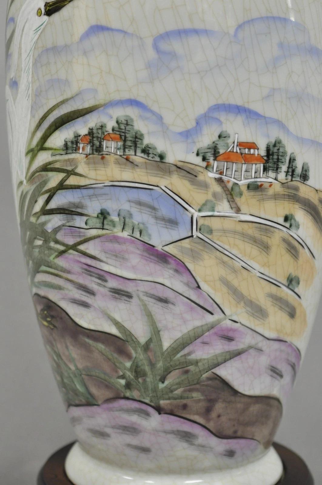 Vintage Chinoiserie Chinese Porcelain Jardiniere Table Lamp w Painted Crane Bird For Sale 1