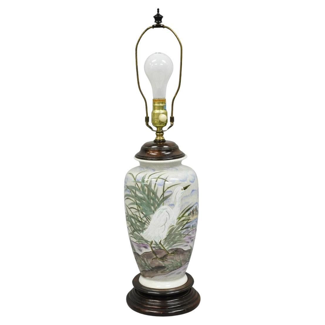 Vintage Chinoiserie Chinese Porcelain Jardiniere Table Lamp w Painted Crane Bird For Sale