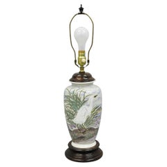 Vintage Chinoiserie Chinese Porcelain Jardiniere Table Lamp w Painted Crane Bird
