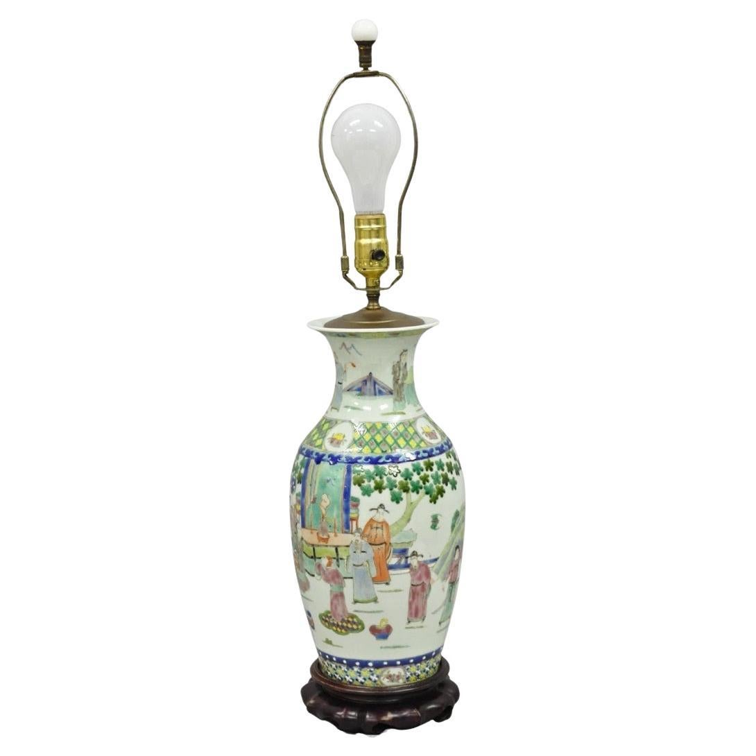 Vintage Chinoiserie Chinese Porcelain Jardiniere Vase Paint Decorated Table Lamp