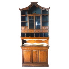 Vintage Chinese Chippendale Style Pagoda Display Cabinet with Blue Interior
