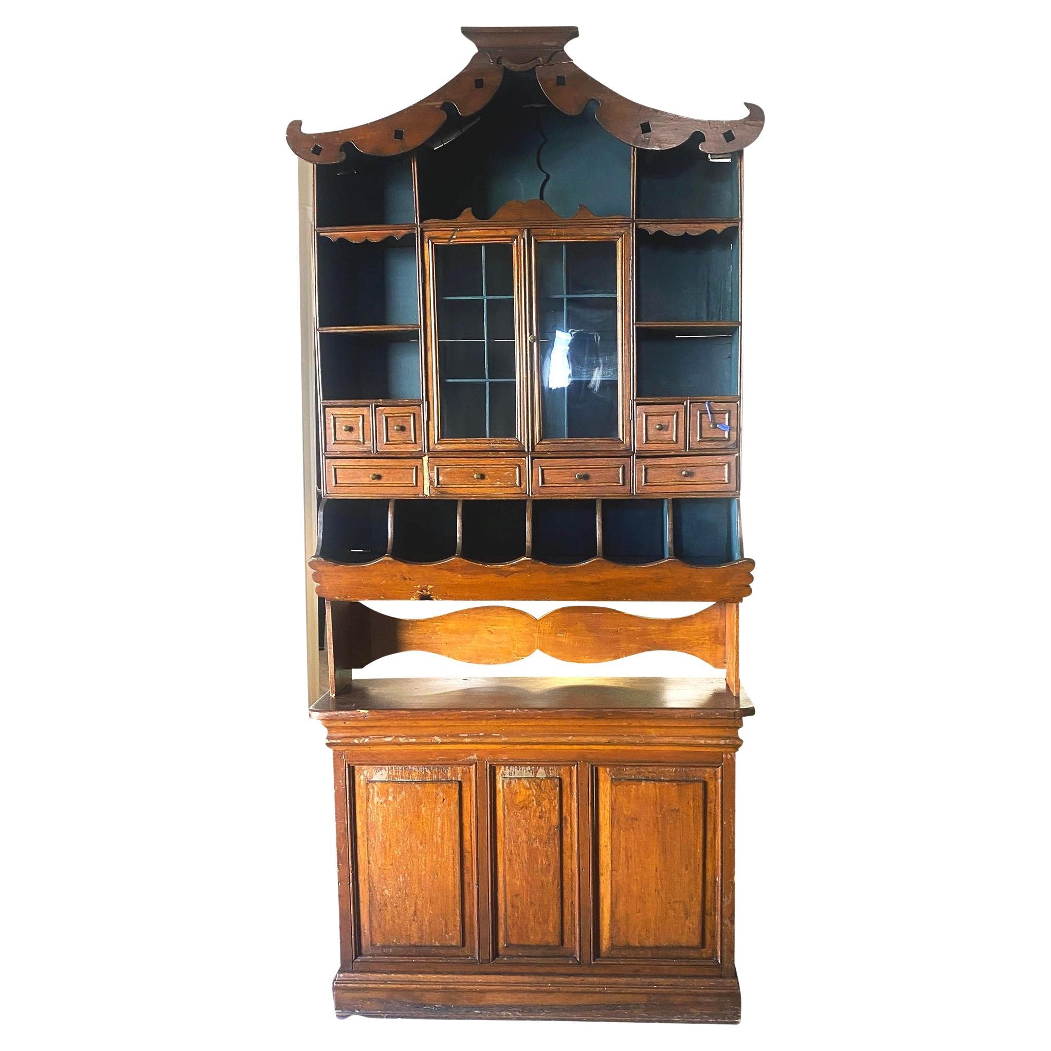Vintage Chinoiserie Chippendale Style Display Cabinet With Pagoda Top Detailing For Sale