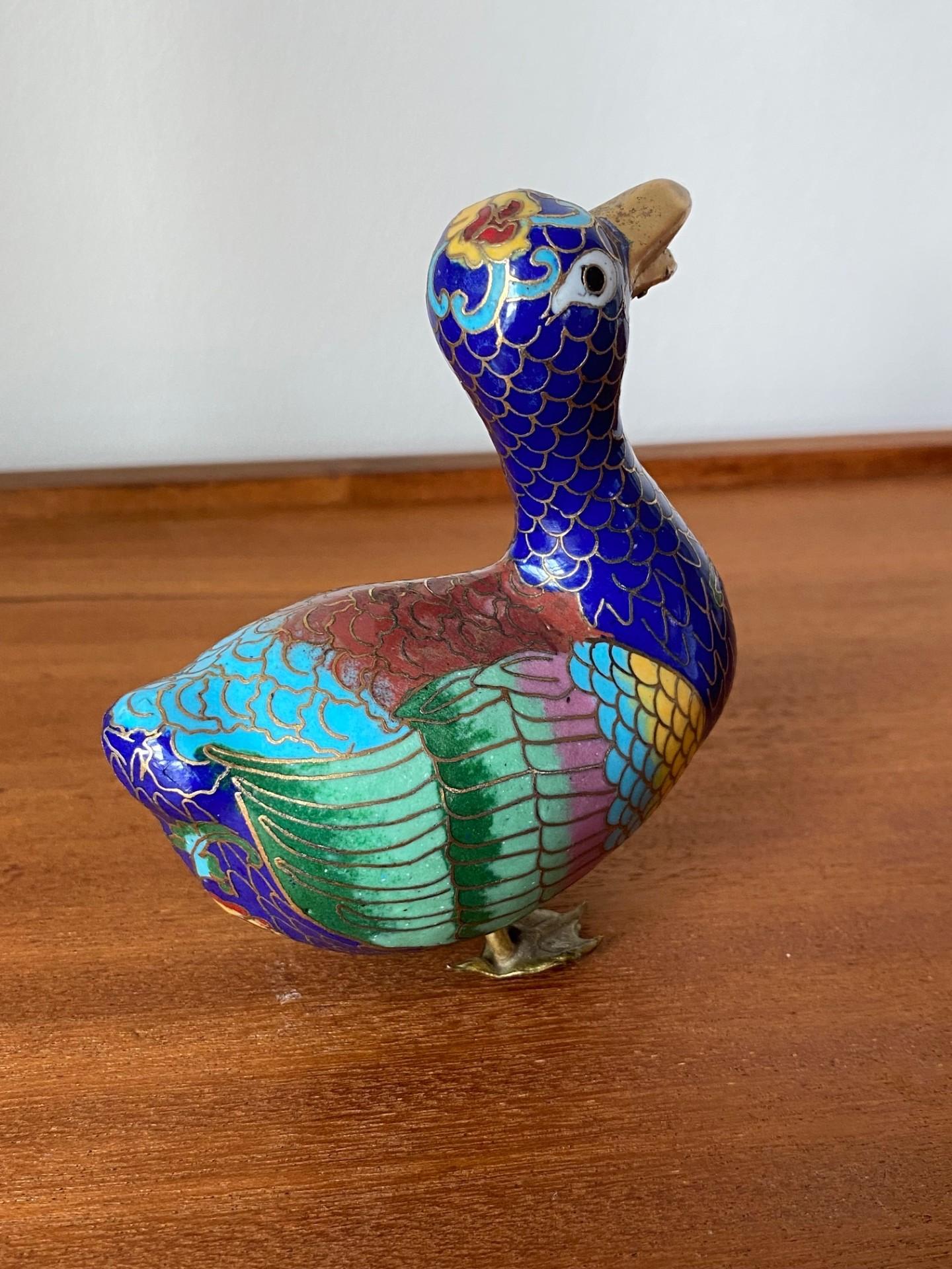 Cast Vintage Chinoiserie Cloisonne Duck Figure For Sale