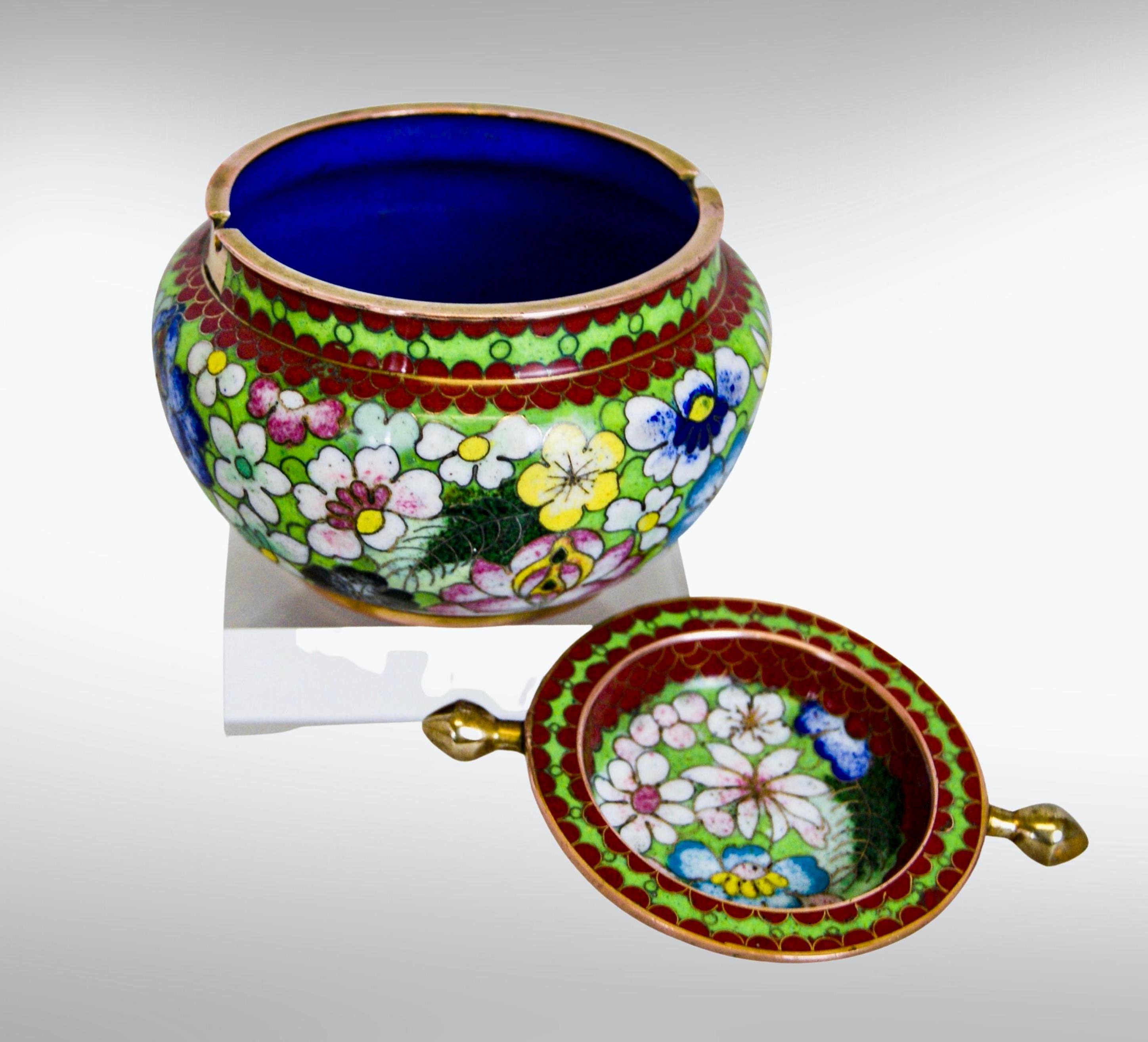 Vintage Chinoiserie Cloisonné on Brass Enamelled Storage Bowl with Hinged Lid 2
