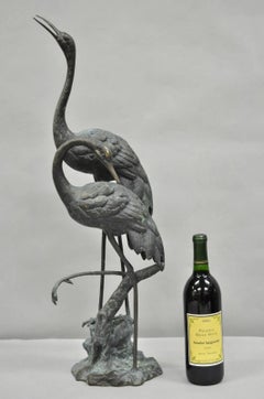 Vintage Chinoiserie "Courting Crane Couple" Green Bronze Verdigris 28" Sculpture