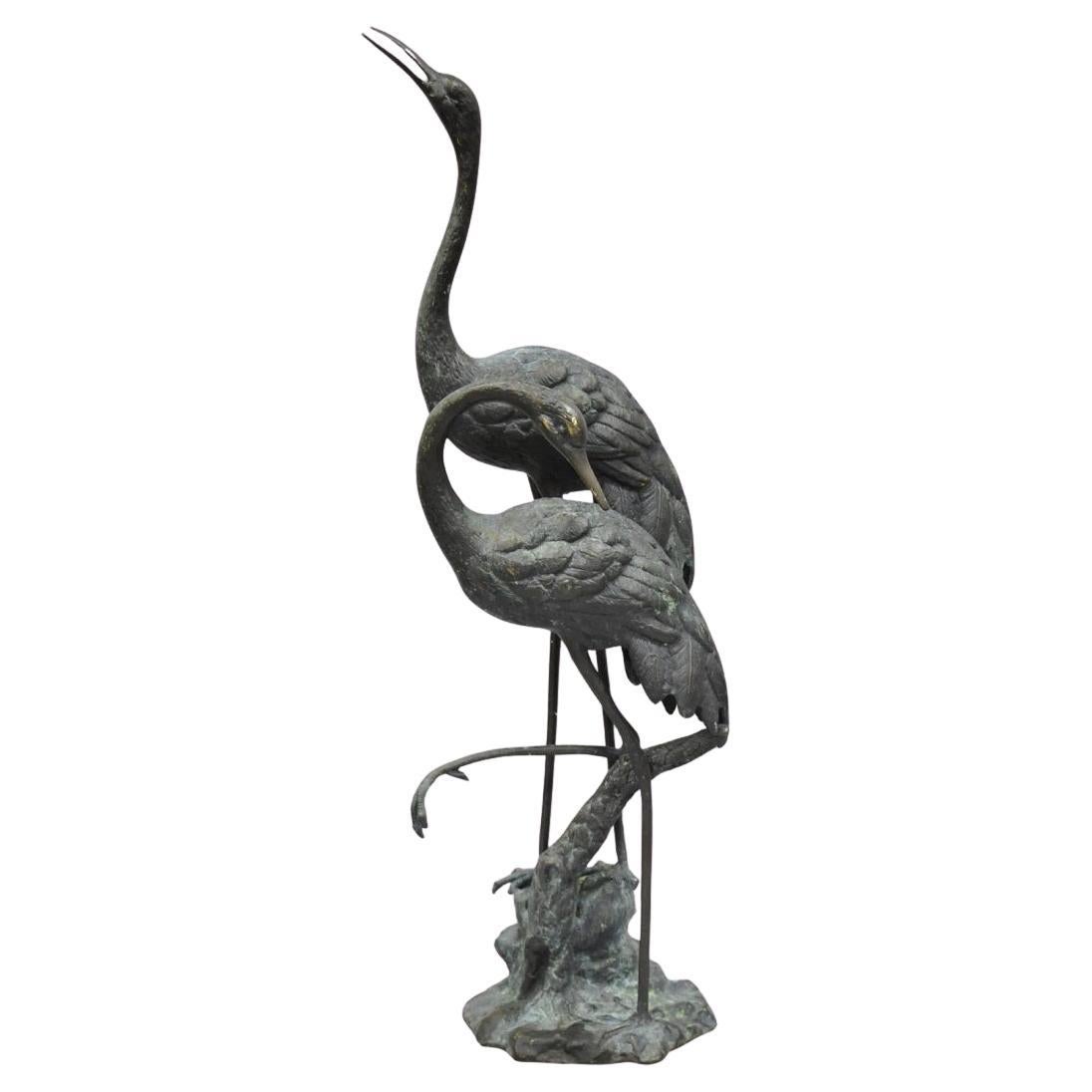 Vintage Chinoiserie "Courting Crane Couple" Green Bronze Verdigris 28" Sculpture
