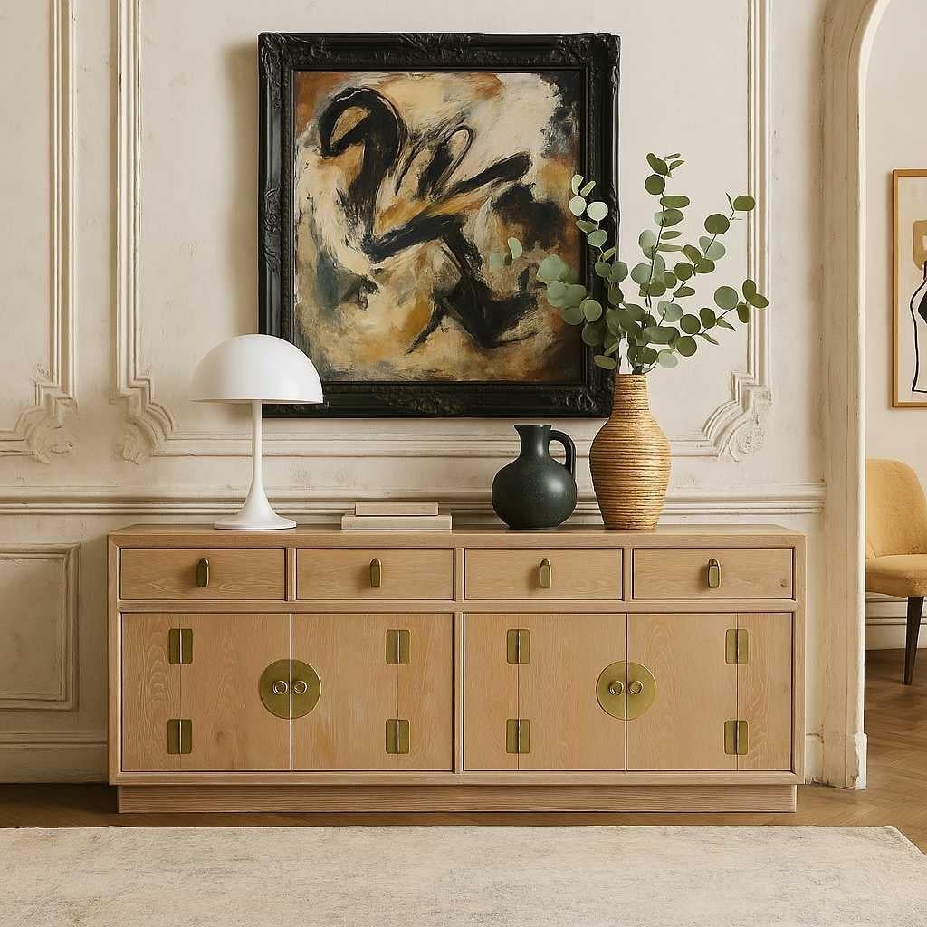Vintage Chinoiserie Anrichte, gebleichtes Holz, Messingbeschläge im Angebot 12