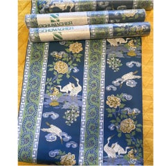 Vintage Chinoiserie Deep Blue Hand-Printed Schumacher Wallpaper, Heron Greek Key