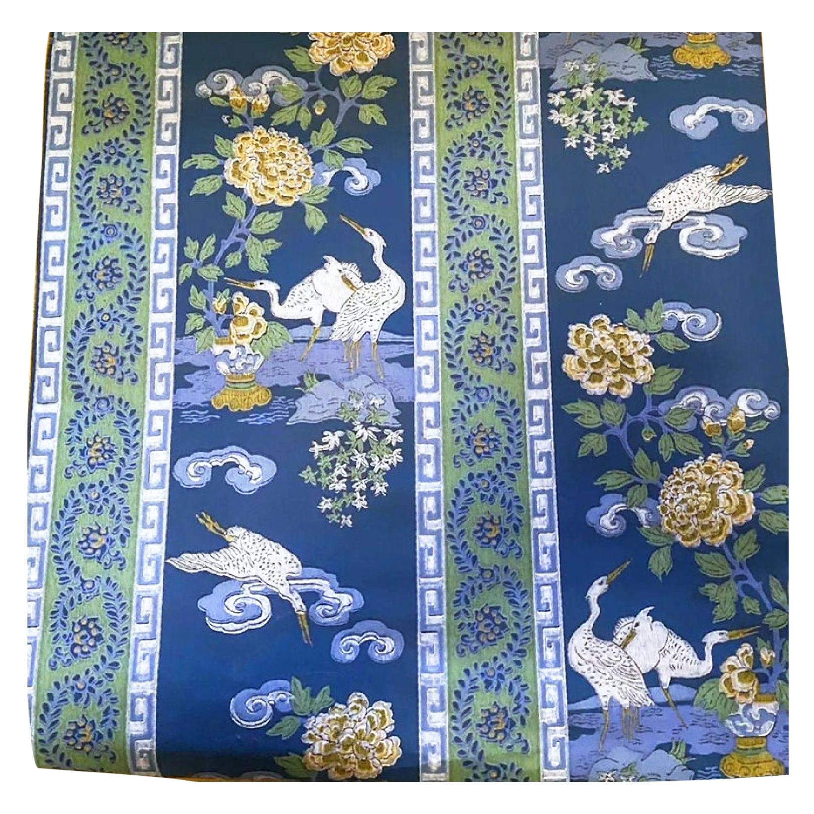 Vintage Chinoiserie Deep Blue Hand-Printed Schumacher Wallpaper, Heron Greek Key