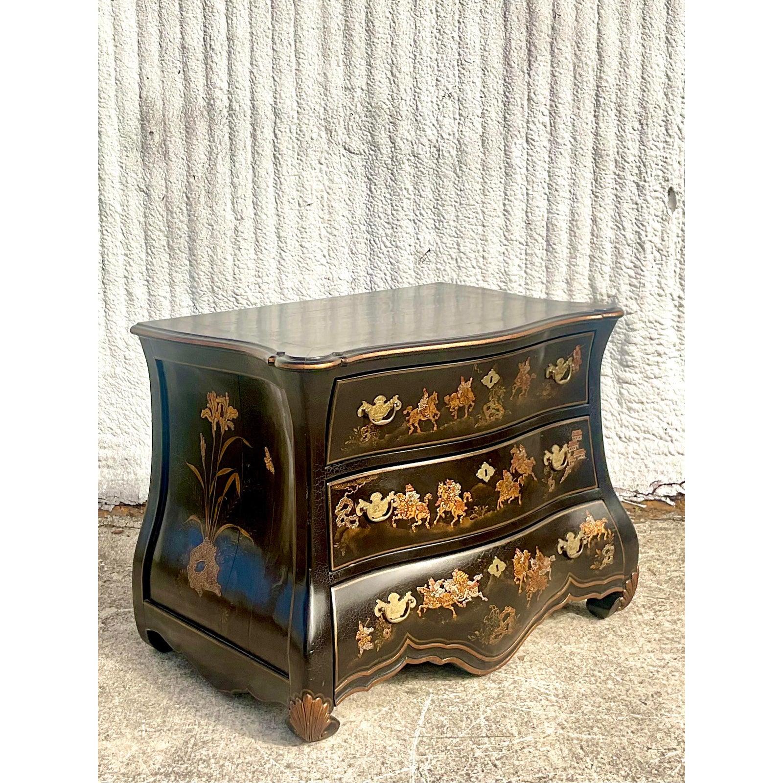 Wood Vintage Chinoiserie Dessin Fournir Bombe Chest of Drawers