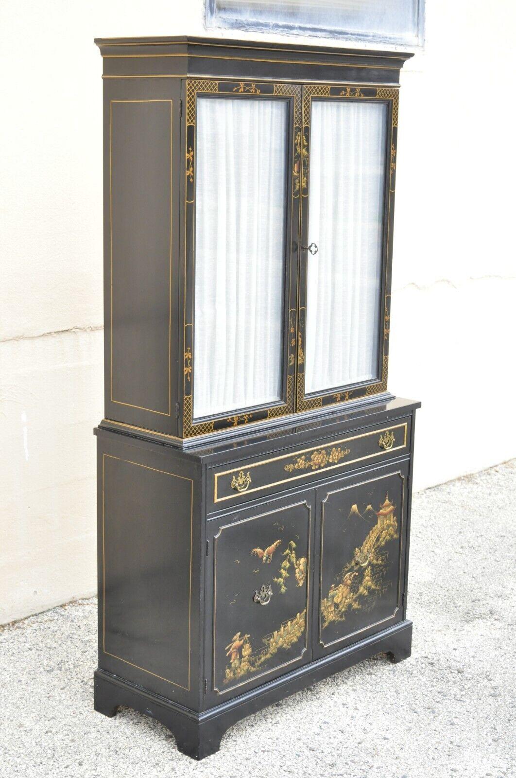Vintage Chinoiserie Drexel Style Oriental Black Painted Glass Door China Cabinet. Item features 2 glass upper doors, 2 lower doors, 1 dovetailed drawer, working lock and key, very nice vintage item. Circa Mid 20th Century. Measurements: 70.5
