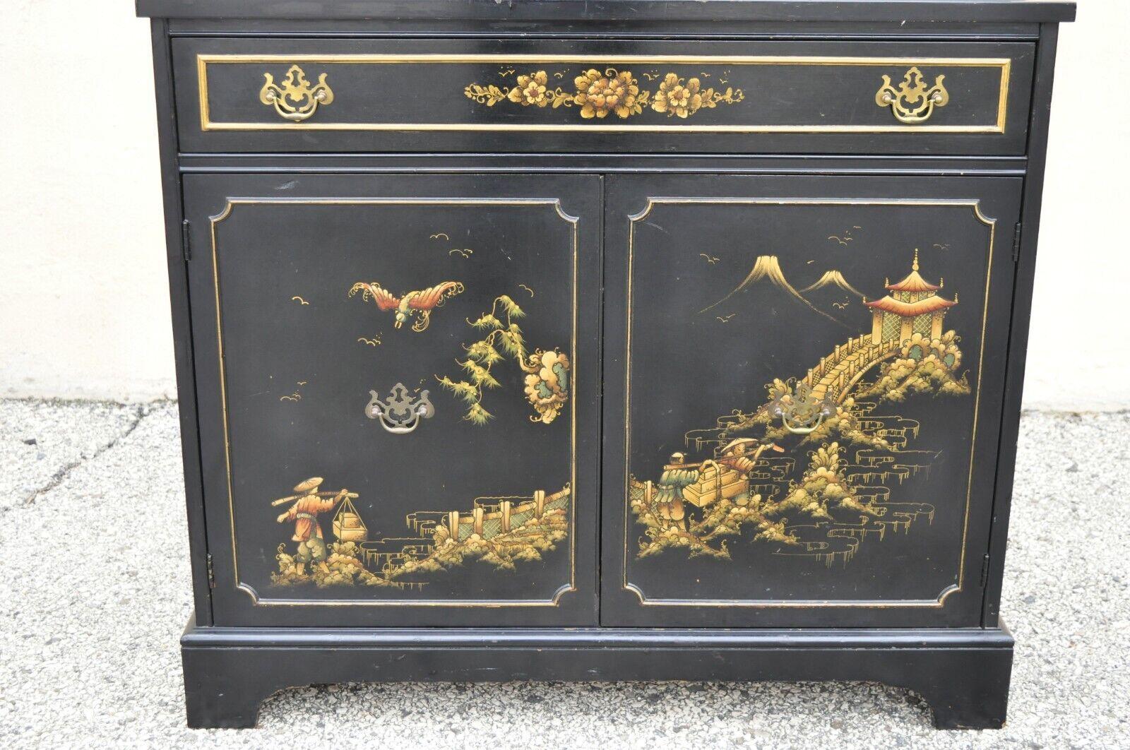Vintage Chinoiserie Drexel Style Oriental Black Painted Glass Door China Cabinet In Good Condition In Philadelphia, PA