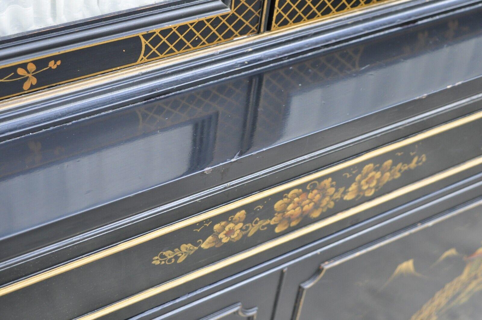 20th Century Vintage Chinoiserie Drexel Style Oriental Black Painted Glass Door China Cabinet