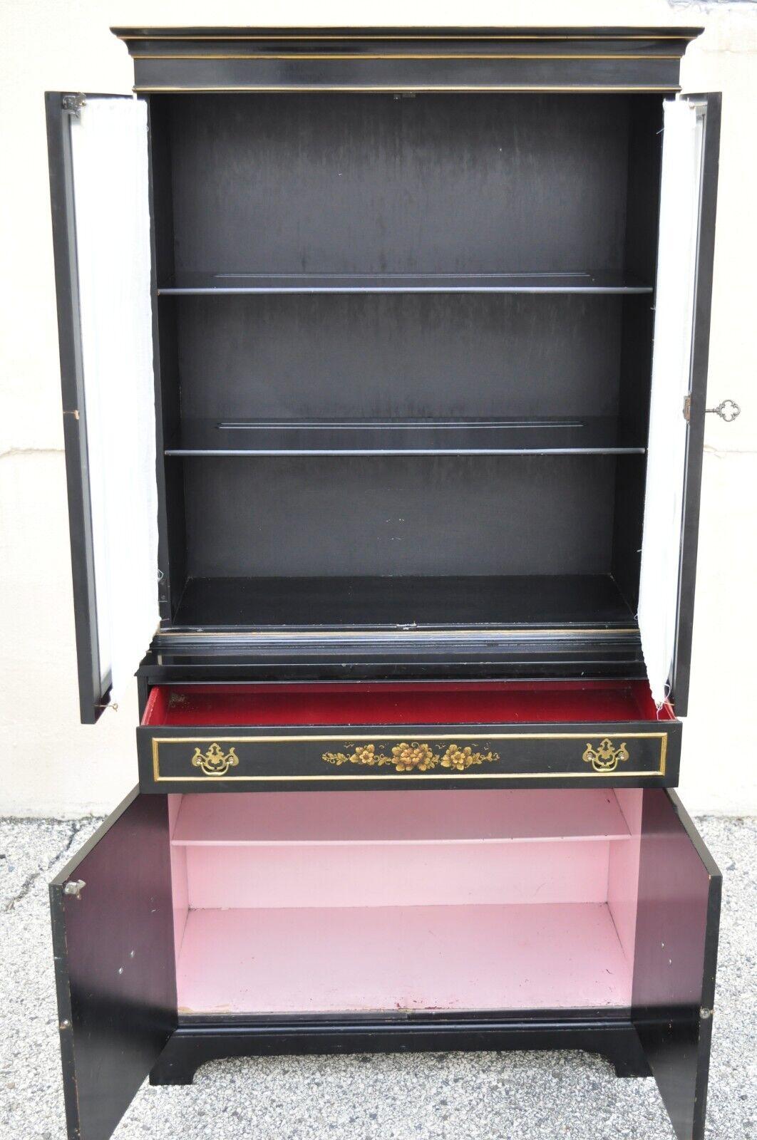 Vintage Chinoiserie Drexel Style Oriental Black Painted Glass Door China Cabinet 1