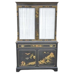 Retro Chinoiserie Drexel Style Oriental Black Painted Glass Door China Cabinet