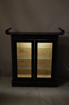 Vintage Chinoiserie Ebonized Black Lacquer Lighted Pagoda Display Cabinet Curio