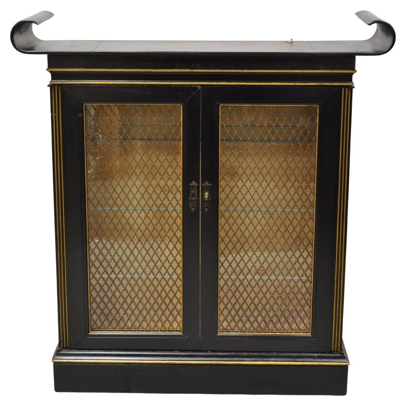Vintage Chinoiserie Ebonized Black Lacquer Lighted Pagoda Display Cabinet Curio