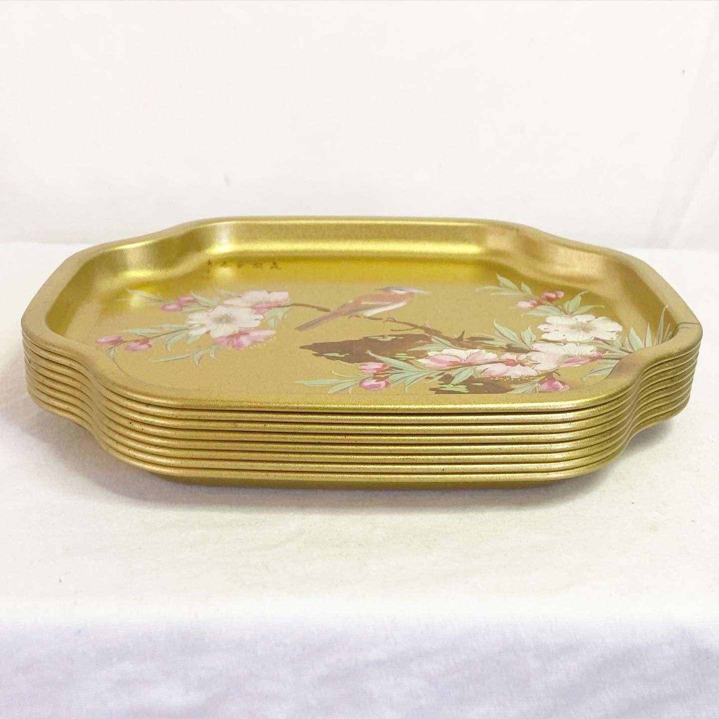 English Vintage Chinoiserie Elite Gold Aviary and Blossoms Trays - 8 Pieces For Sale