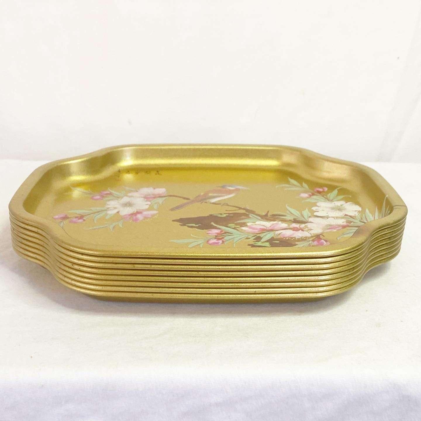 Vintage Chinoiserie Elite Gold Aviary and Blossoms Trays - 8 Pieces In Good Condition For Sale In Delray Beach, FL