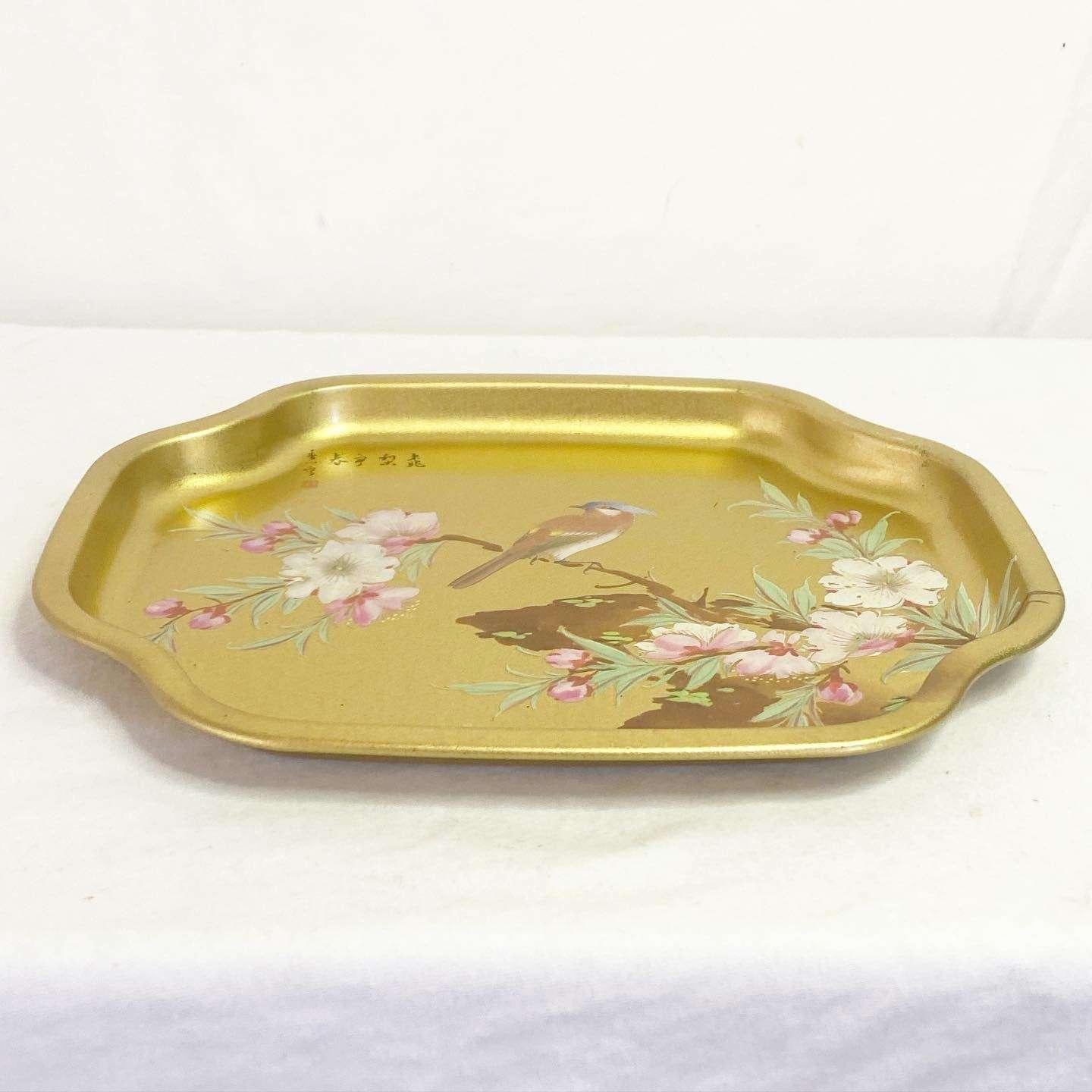 Vintage Chinoiserie Elite Gold Aviary and Blossoms Trays - 8 Pieces For Sale 3
