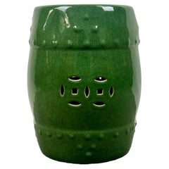 Vintage Chinoiserie Emerald Green Glazed Ceramic Drum Garden Stool or Pedestal