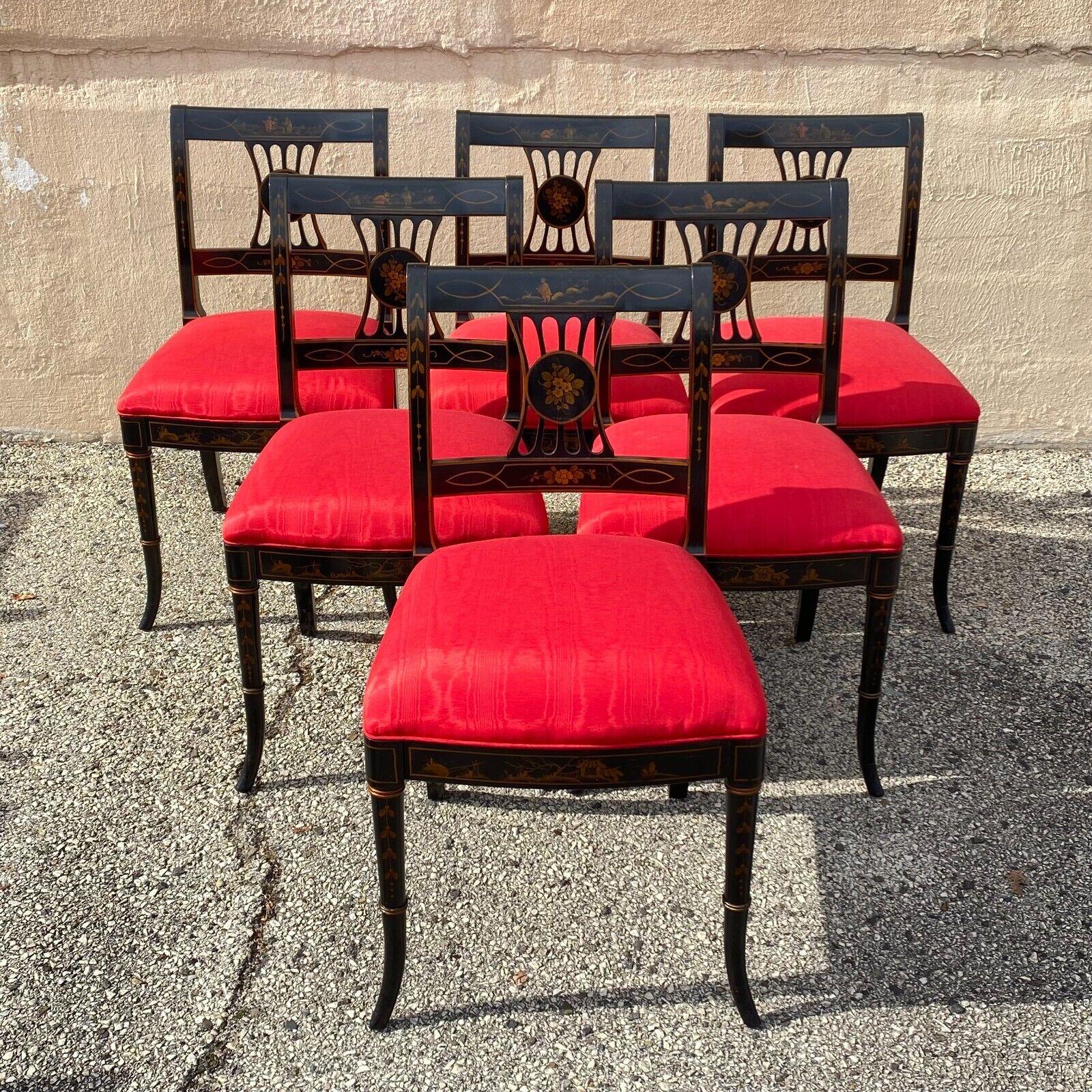 Vintage Chinoiserie English Regency Style Black Painted Dining Chairs - Set of 6 For Sale 5