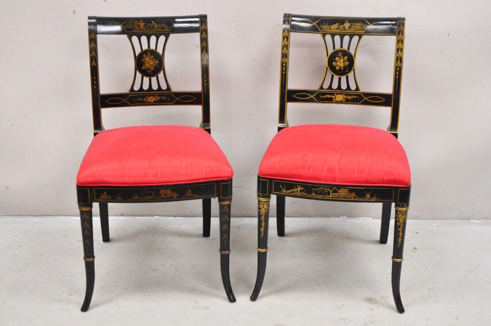 Vintage Chinoiserie English Regency Style Black Painted Dining Chairs - Set of 6 For Sale 6
