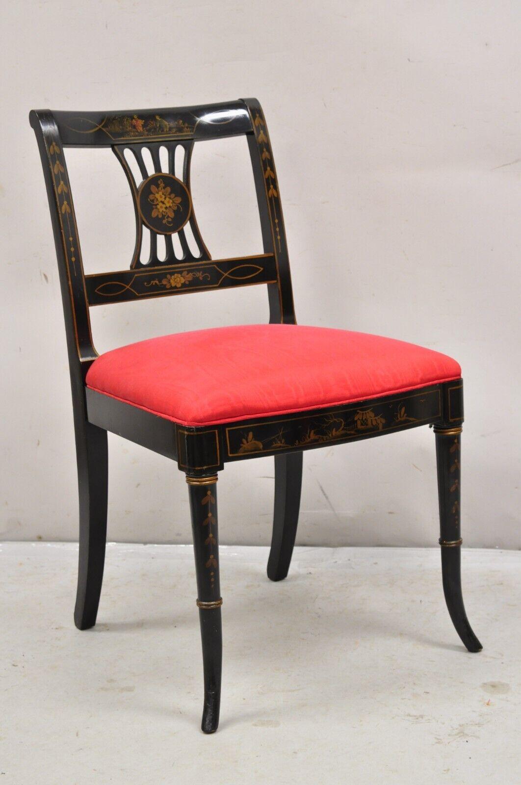 Set of 6 Vintage Chinoiserie English Regency Style Black Hand Painted Dining Chairs. Believed to be by Union National Furniture Co.
Set includes 6 side chairs with hand painted details, saber legs, red upholstered seats, very nice quality set. Circa