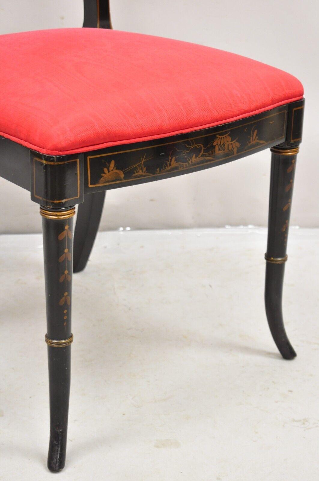 Vintage Chinoiserie English Regency Style Black Painted Dining Chairs - Set of 6 In Good Condition For Sale In Philadelphia, PA