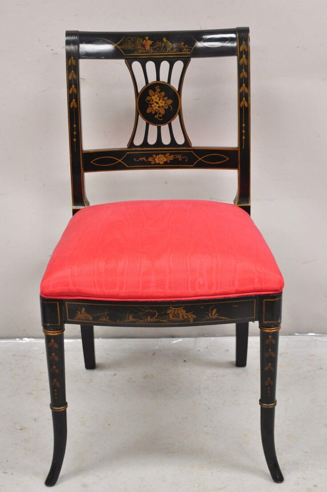 20th Century Vintage Chinoiserie English Regency Style Black Painted Dining Chairs - Set of 6 For Sale