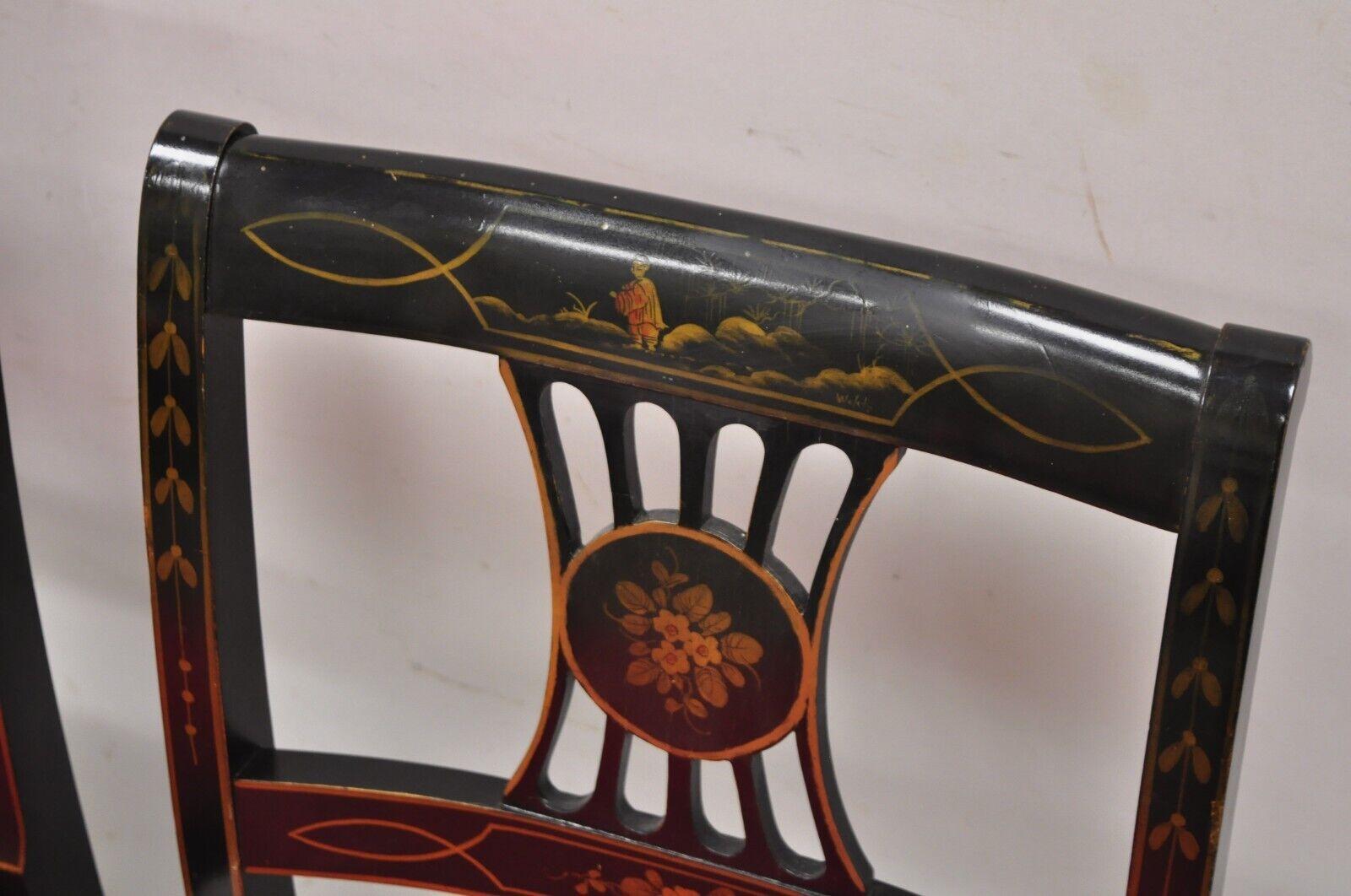 Wood Vintage Chinoiserie English Regency Style Black Painted Dining Chairs - Set of 6 For Sale