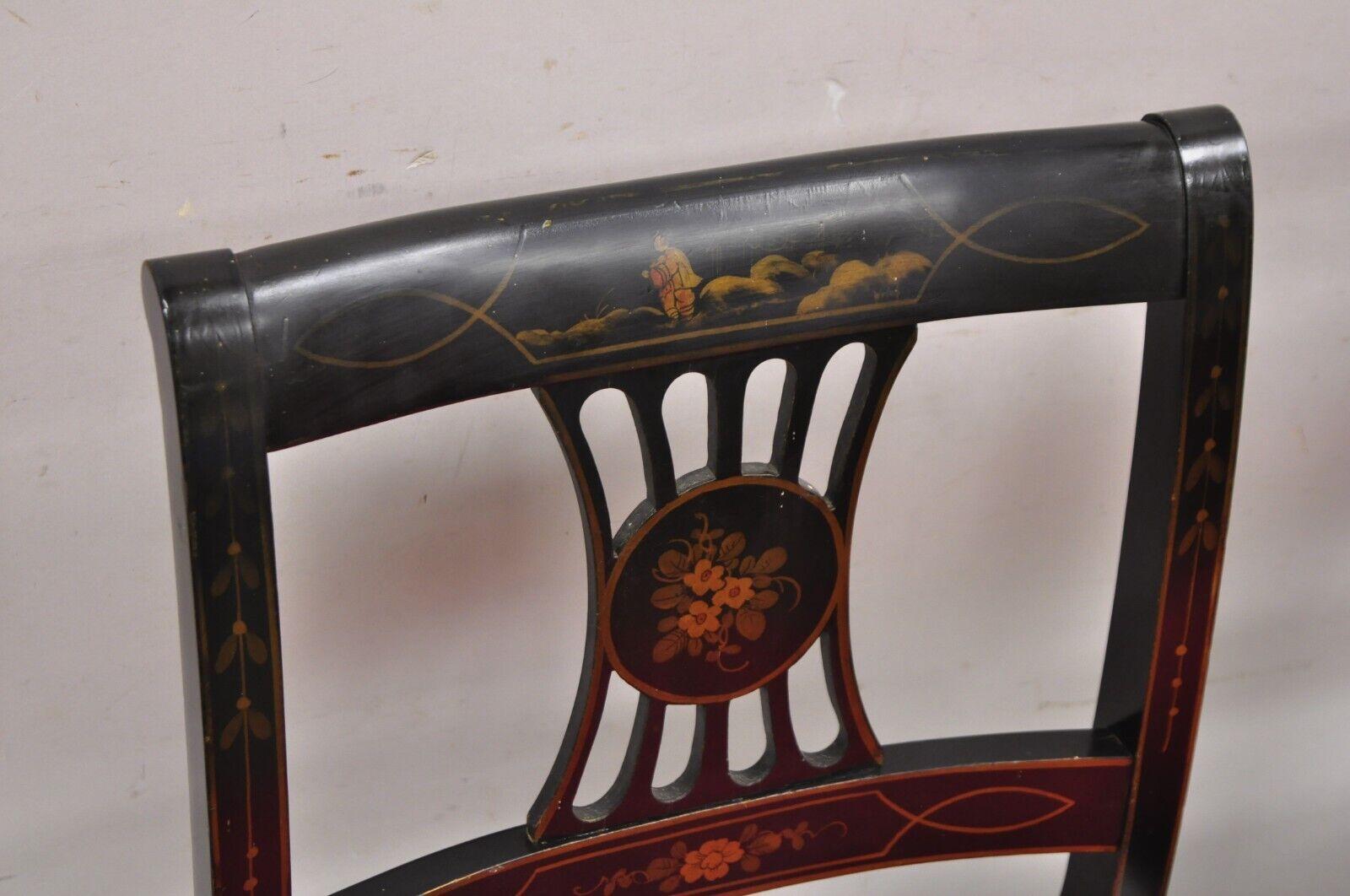 Vintage Chinoiserie English Regency Style Black Painted Dining Chairs - Set of 6 For Sale 1