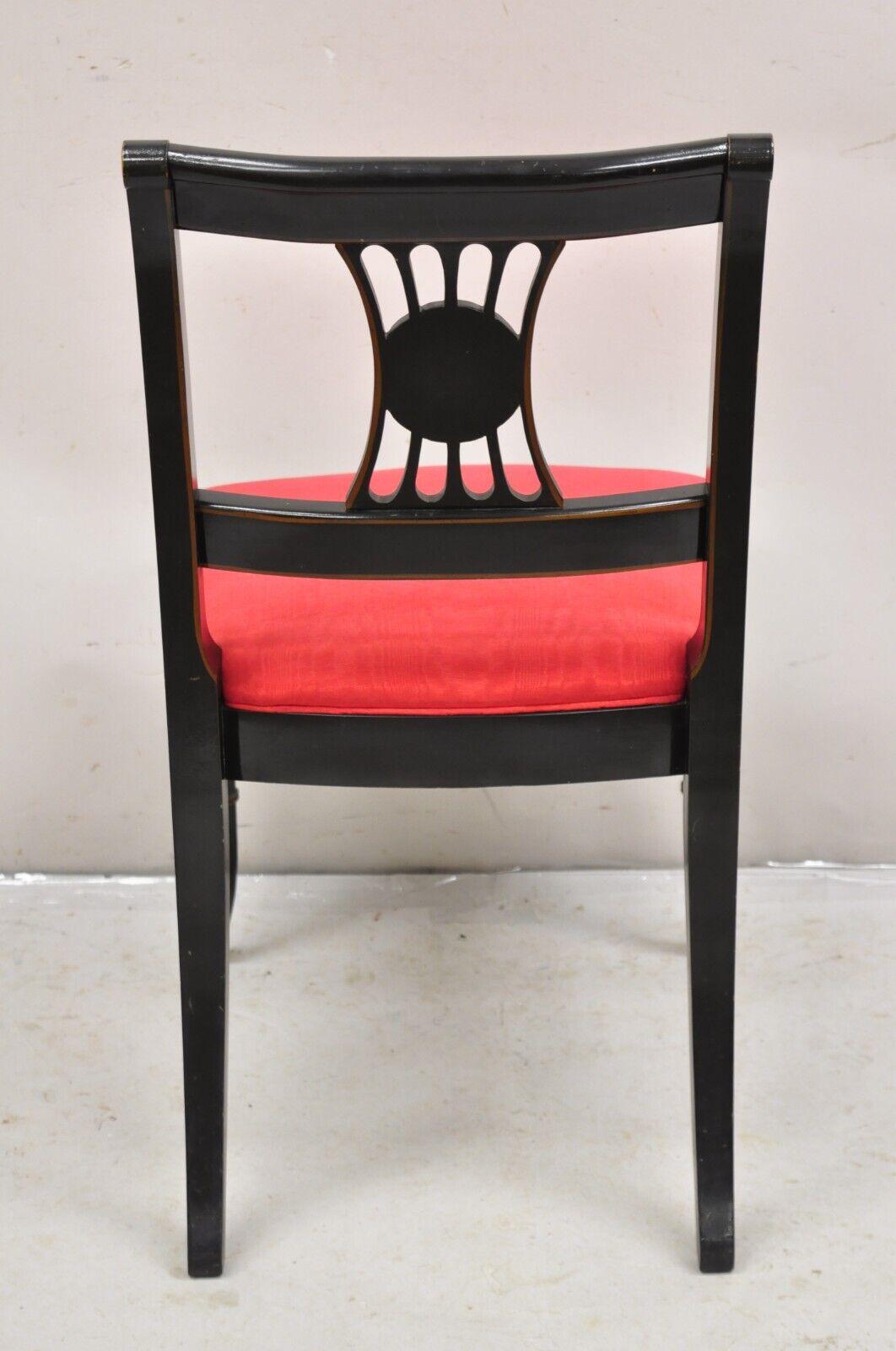 Vintage Chinoiserie English Regency Style Black Painted Dining Chairs - Set of 6 For Sale 2