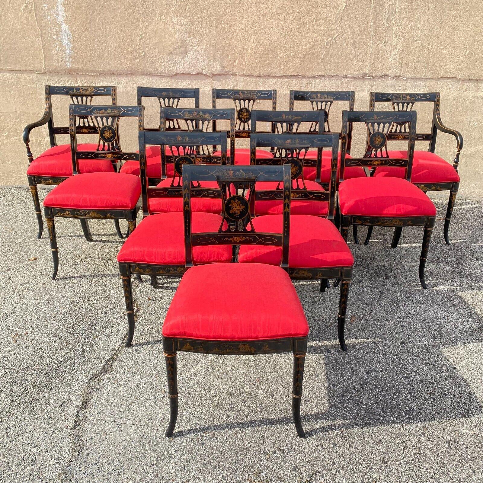 Vintage Chinoiserie English Regency Style Black Painted Dining Chairs - Set of 6 For Sale 4