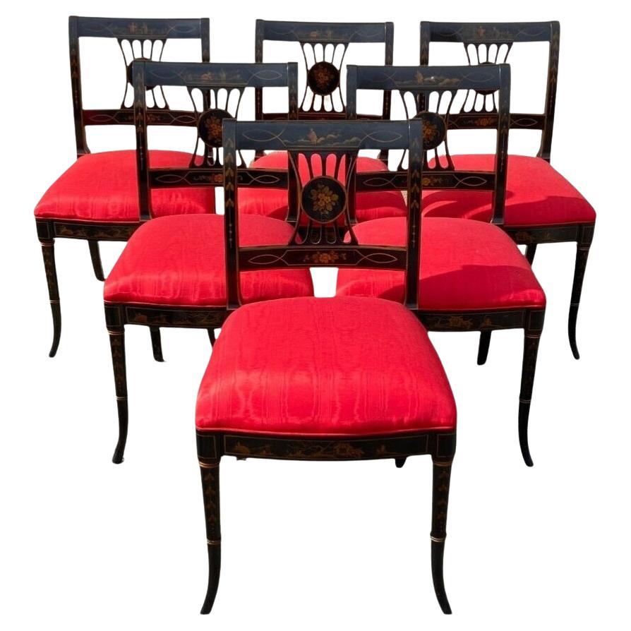 Vintage Chinoiserie English Regency Style Black Painted Dining Chairs - Set of 6 For Sale